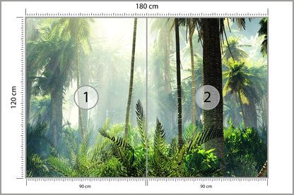 Fototapeta Las We Mgle Zielony Z Promieniami 180 × 120 cm – podgląd kadru