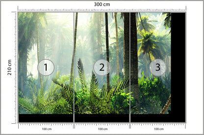 Fototapeta Las We Mgle Zielony Z Promieniami 300 × 210 cm – podgląd kadru