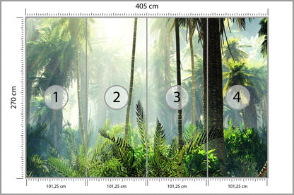 Fototapeta Las We Mgle Zielony Z Promieniami 405 × 270 cm – podgląd kadru