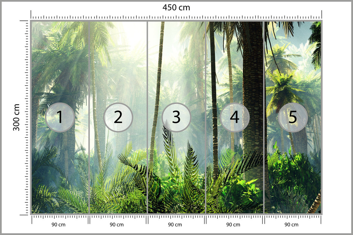 Fototapeta Las We Mgle Zielony Z Promieniami 450 × 300 cm – podgląd kadru