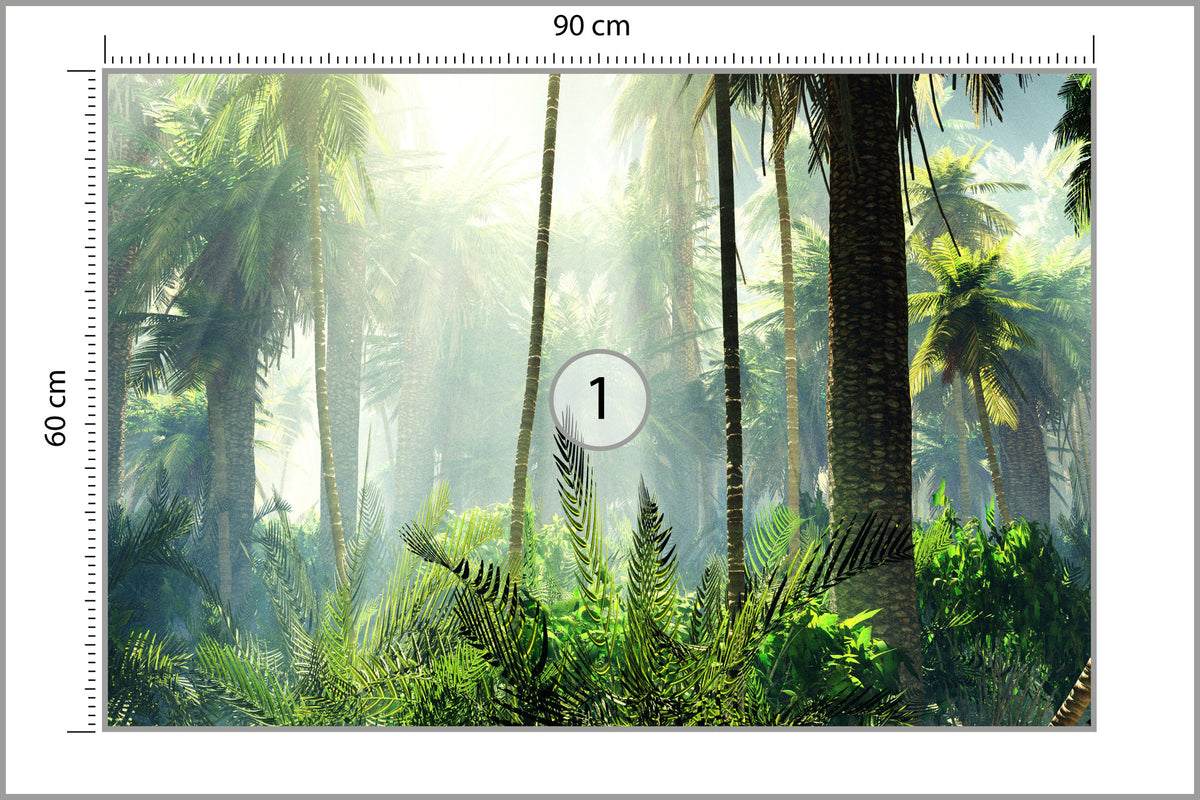 Fototapeta Las We Mgle Zielony Z Promieniami 90 × 60 cm – podgląd kadru