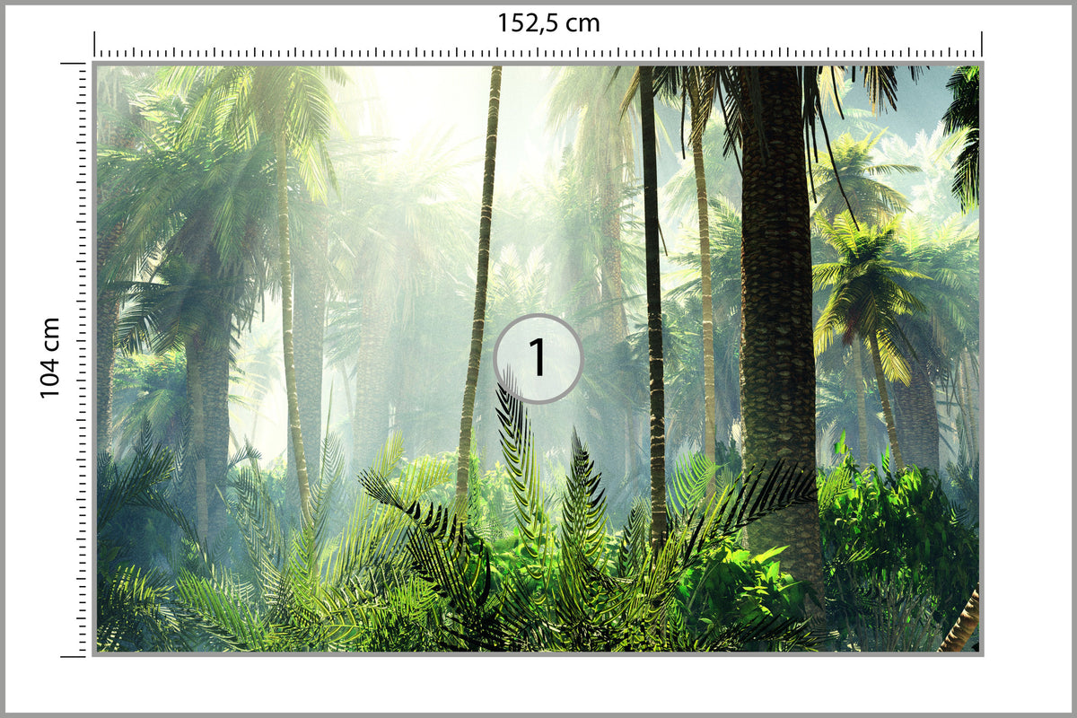 Fototapeta Las We Mgle Zielony Z Promieniami 152,5 × 104 cm – podgląd kadru