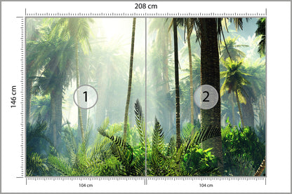 Fototapeta Las We Mgle Zielony Z Promieniami 208 × 146 cm – podgląd kadru