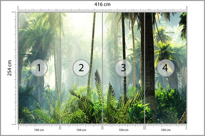 Fototapeta Las We Mgle Zielony Z Promieniami 416 × 254 cm – podgląd kadru