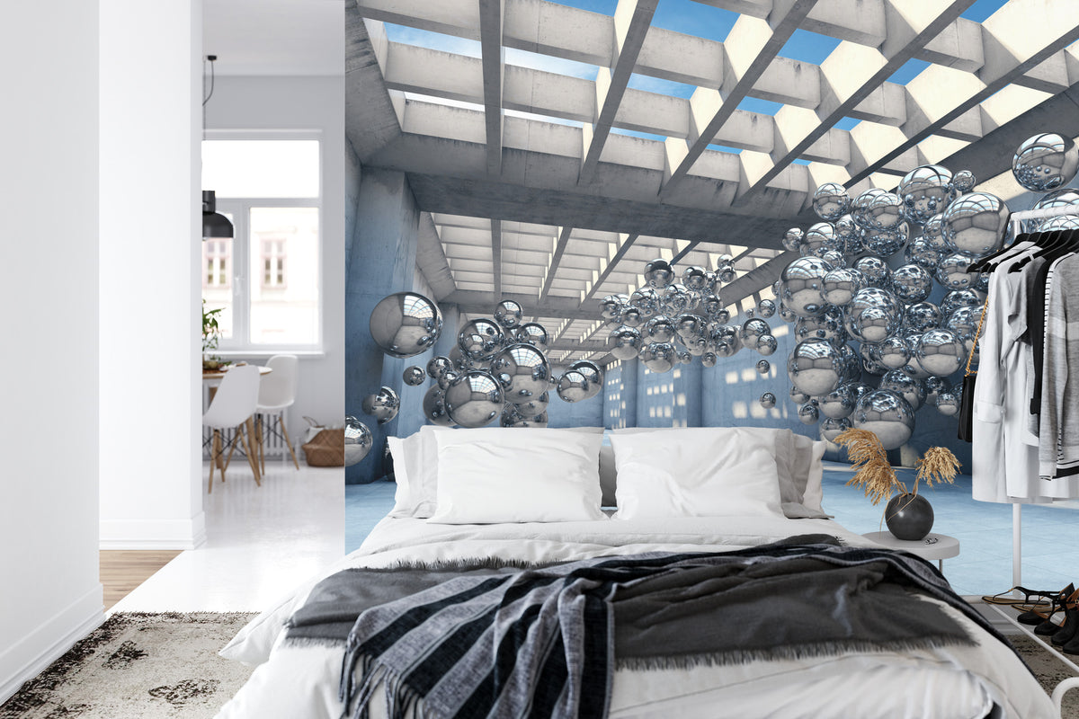 Fototapeta 3D Hala Ze Srebrnymi Kulami – aranżacja wnętrza