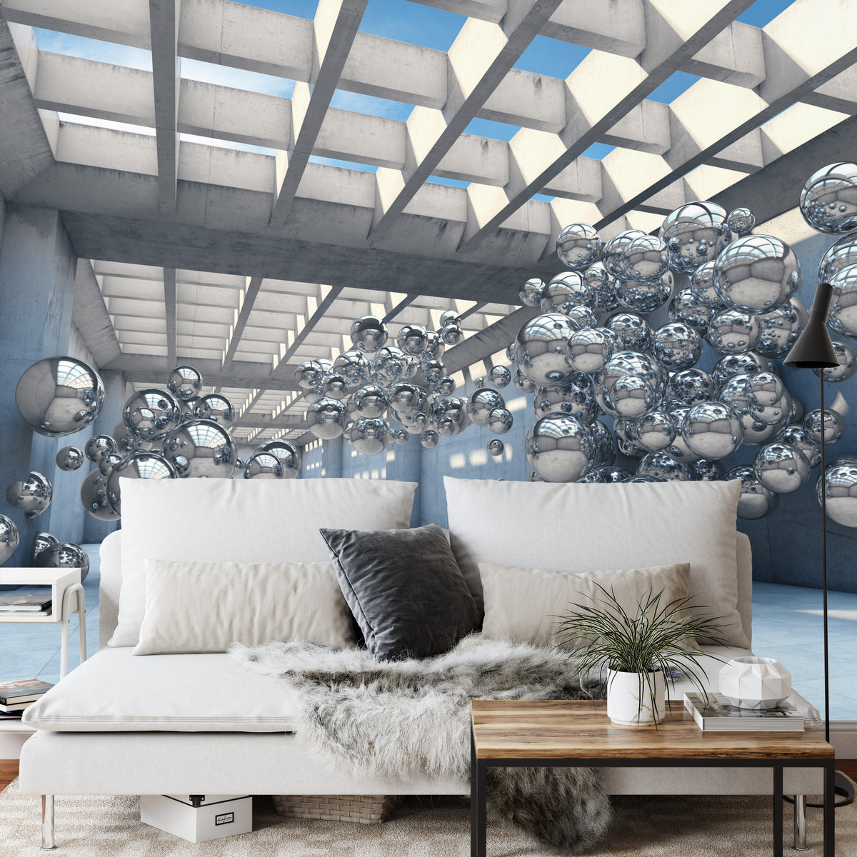 Fototapeta 3D Hala Ze Srebrnymi Kulami – aranżacja wnętrza
