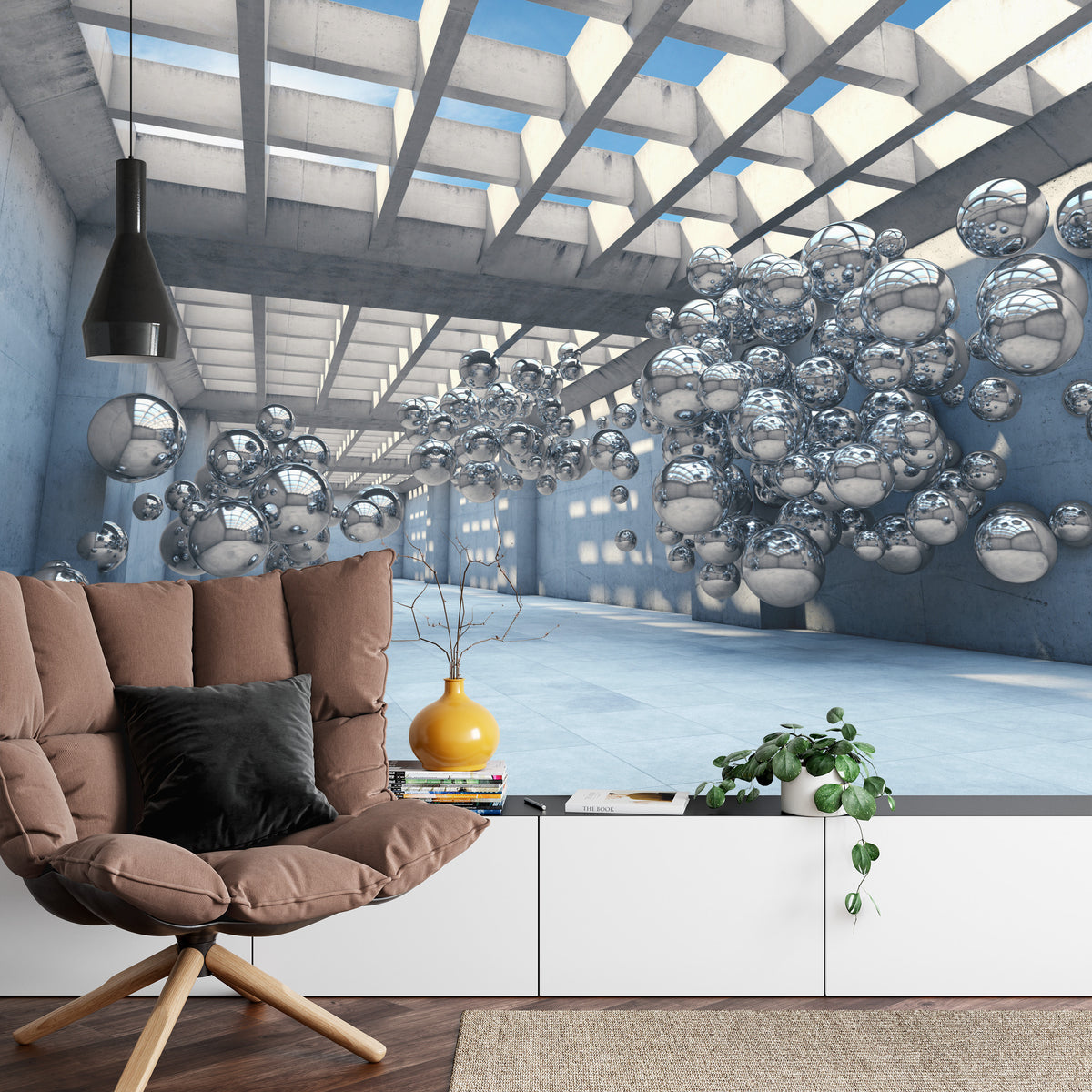Fototapeta 3D Hala Ze Srebrnymi Kulami – aranżacja wnętrza