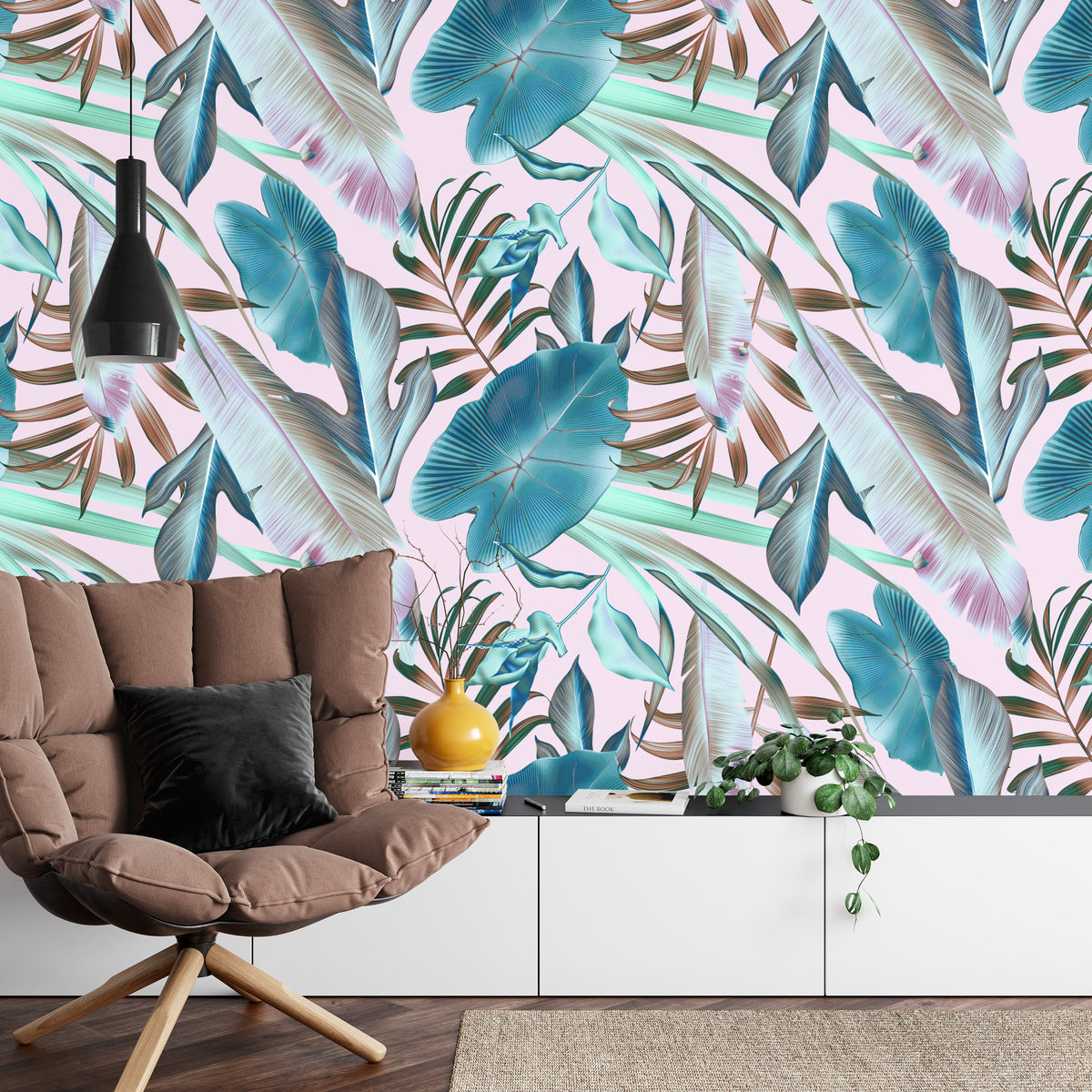 Fototapeta Liście Do Salonu Turkus I Róż – aranżacja wnętrza