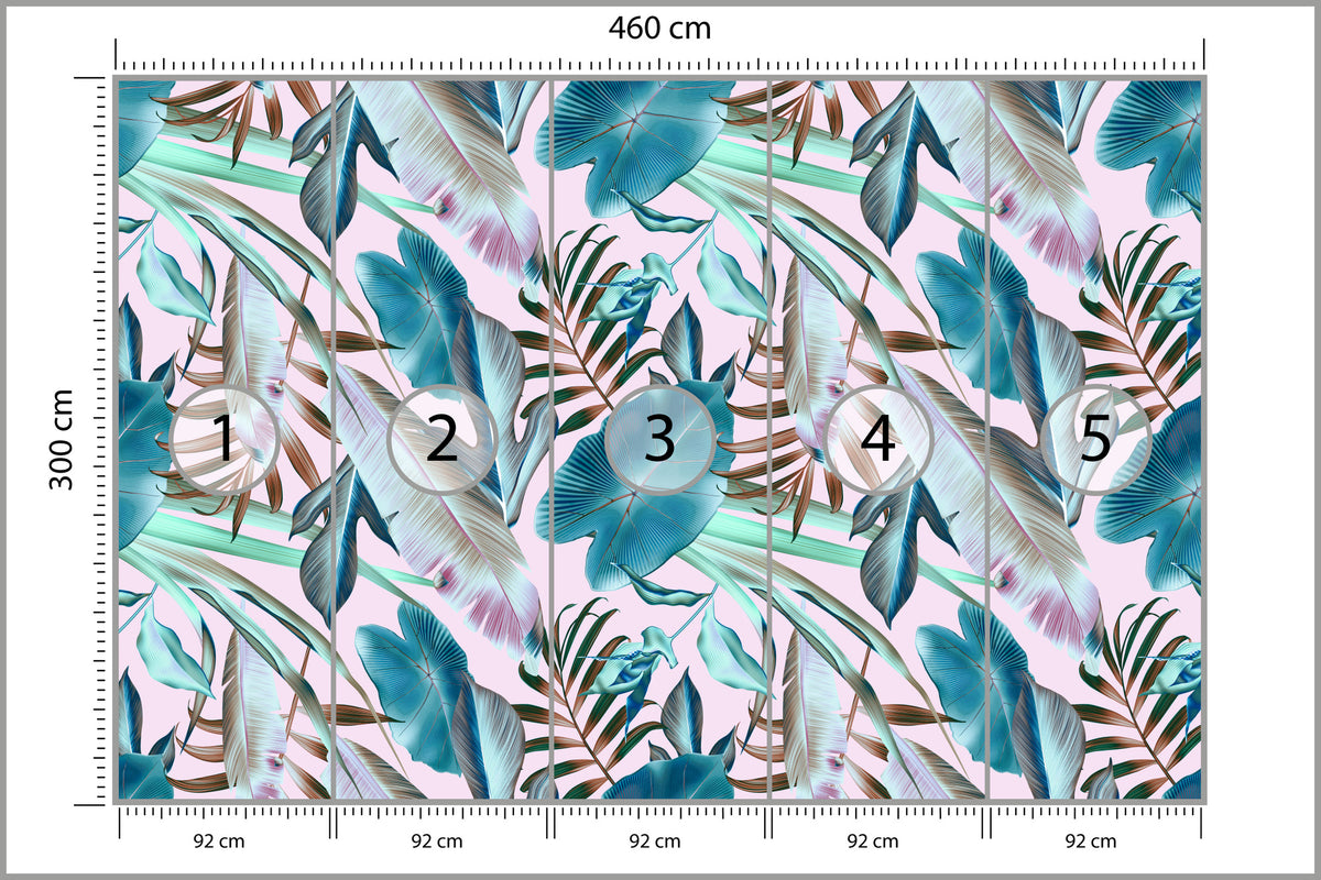 Fototapeta Liście Do Salonu Turkus I Róż 460 × 300 cm – podgląd kadru