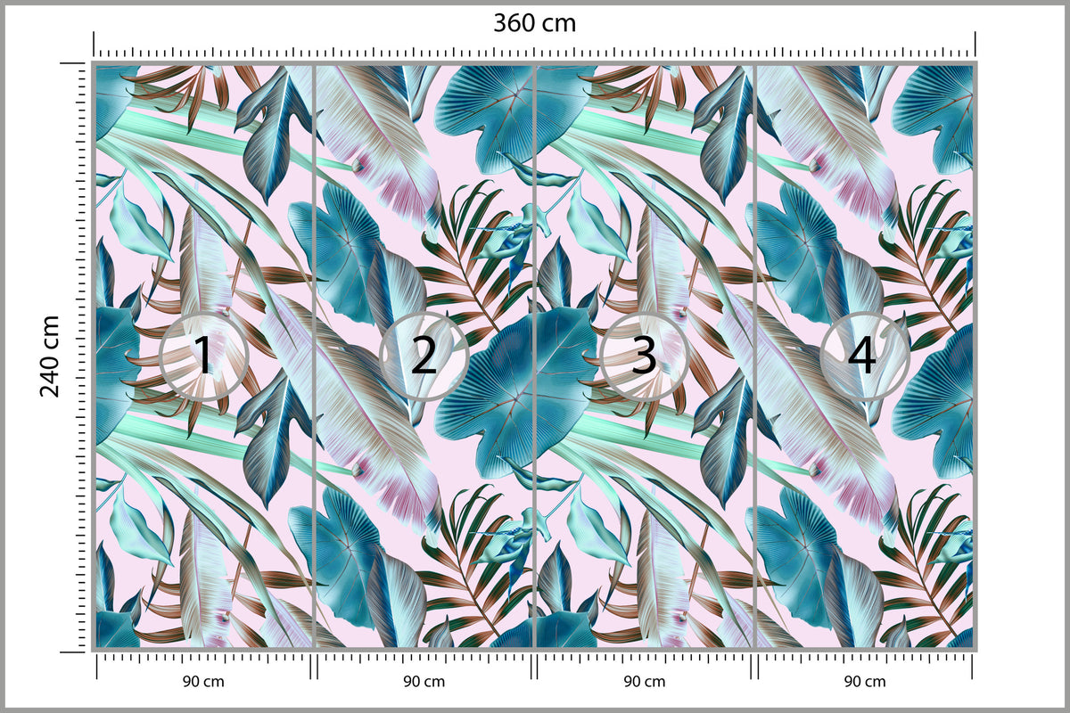 Fototapeta Liście Do Salonu Turkus I Róż 360 × 240 cm – podgląd kadru