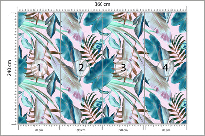 Fototapeta Liście Do Salonu Turkus I Róż 360 × 240 cm – podgląd kadru