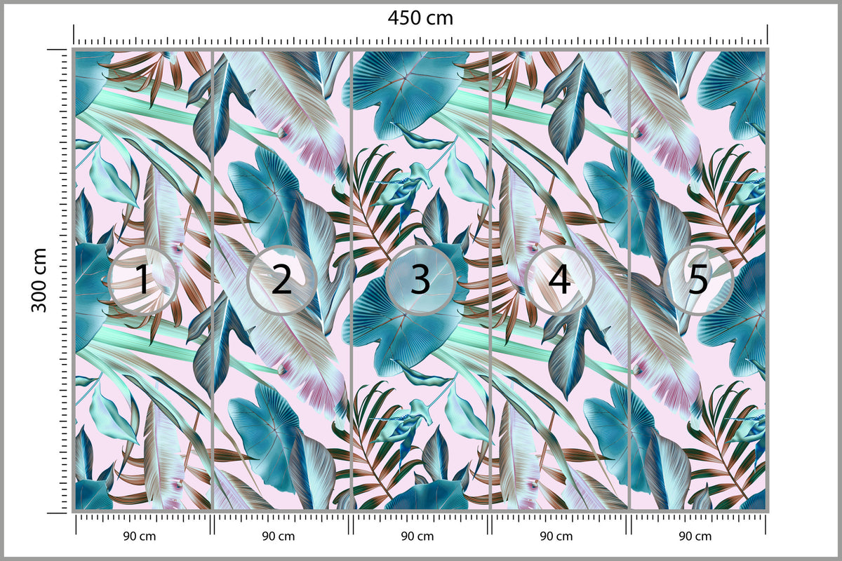 Fototapeta Liście Do Salonu Turkus I Róż 450 × 300 cm – podgląd kadru