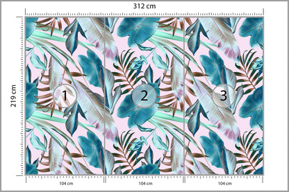 Fototapeta Liście Do Salonu Turkus I Róż 312 × 219 cm – podgląd kadru