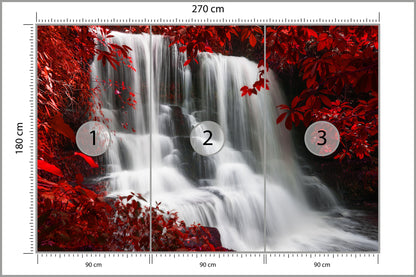 Fototapeta Jesienny Wodospad Wśród Czerwonych Liści 270 × 180 cm – podgląd kadru