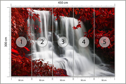 Fototapeta Jesienny Wodospad Wśród Czerwonych Liści 450 × 300 cm – podgląd kadru