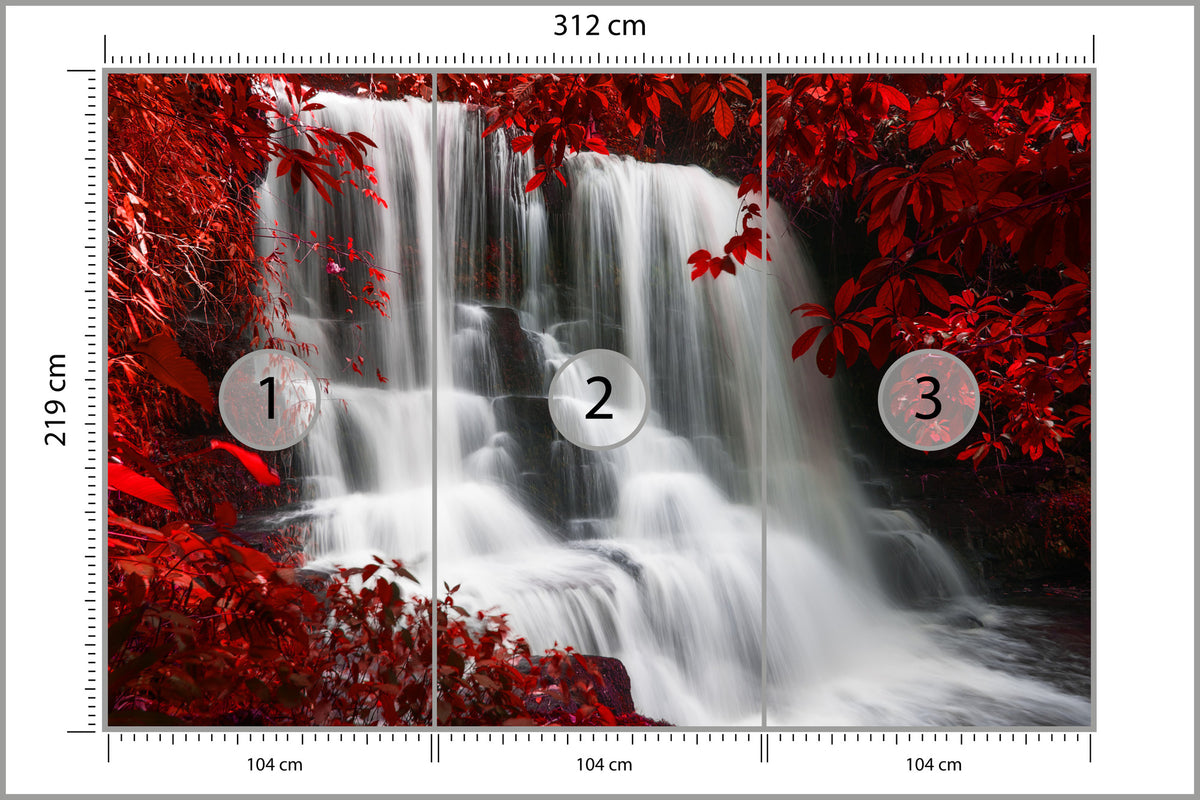 Fototapeta Jesienny Wodospad Wśród Czerwonych Liści 312 × 219 cm – podgląd kadru