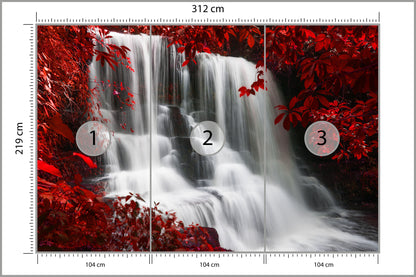 Fototapeta Jesienny Wodospad Wśród Czerwonych Liści 312 × 219 cm – podgląd kadru
