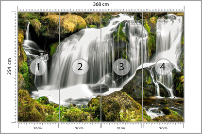 Fototapeta Wodospad W Lesie Na Omszałych Skałach 368 × 254 cm – podgląd kadru