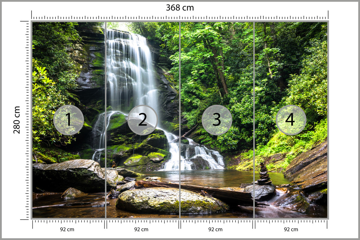 Fototapeta Wodospad Kaskada W Lesie Na Skałach 368 × 280 cm – podgląd kadru