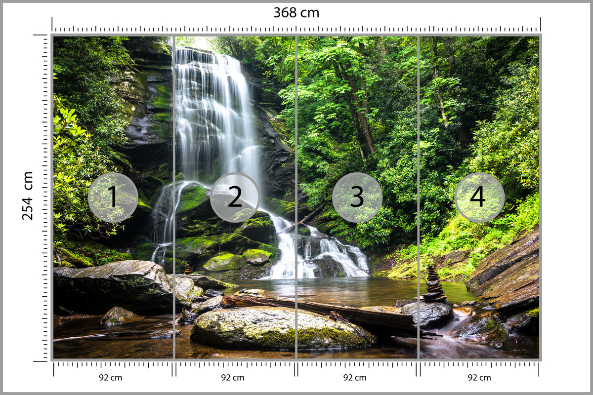 Fototapeta Wodospad Kaskada W Lesie Na Skałach 368 × 254 cm – podgląd kadru