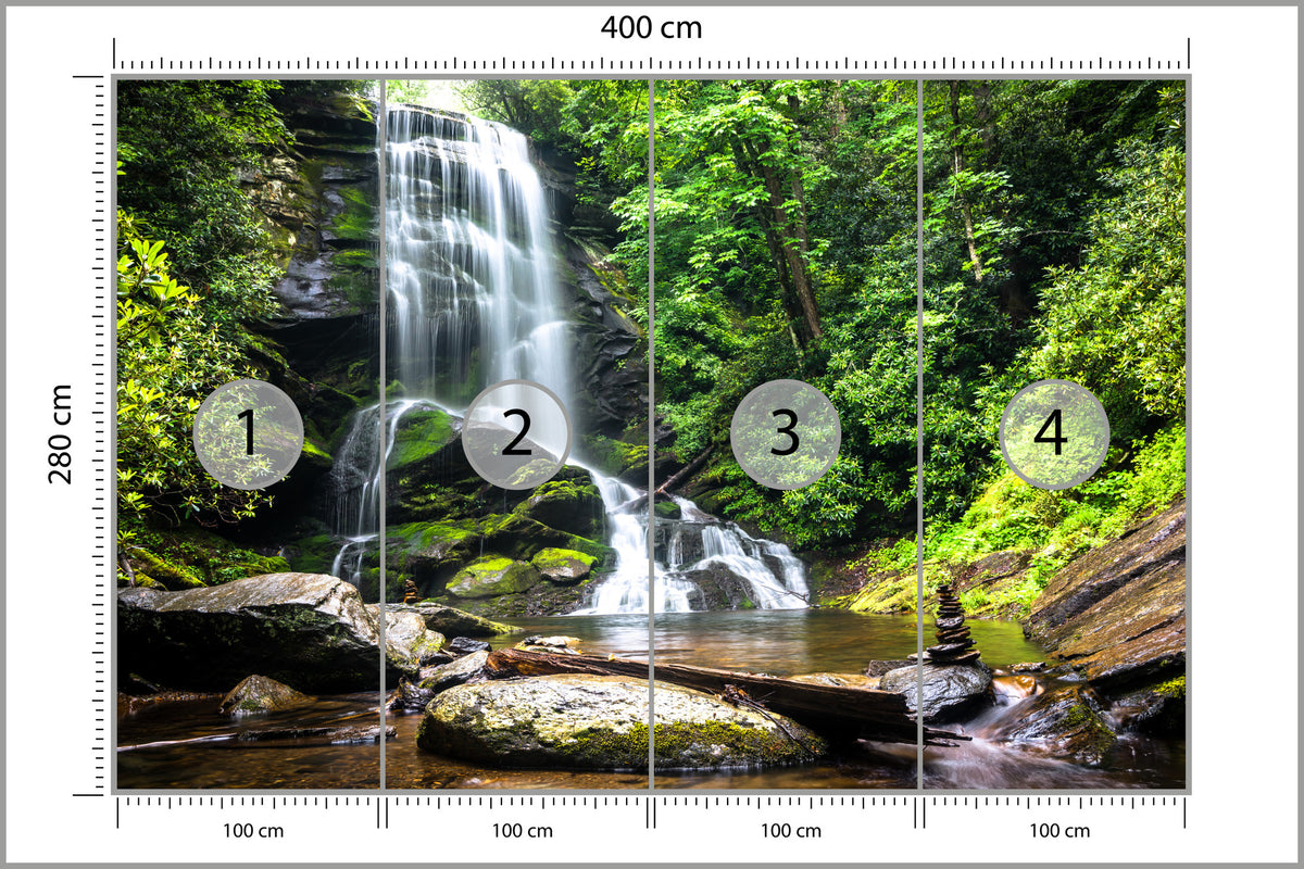 Fototapeta Wodospad Kaskada W Lesie Na Skałach 400 × 280 cm – podgląd kadru