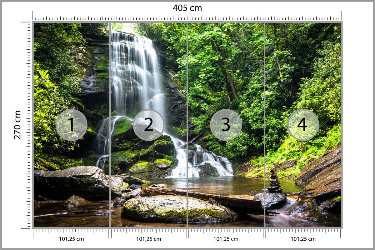 Fototapeta Wodospad Kaskada W Lesie Na Skałach 405 × 270 cm – podgląd kadru