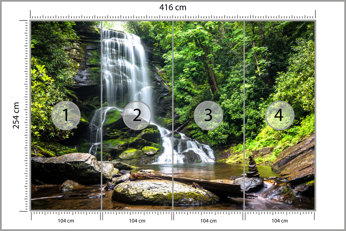 Fototapeta Wodospad Kaskada W Lesie Na Skałach 416 × 254 cm – podgląd kadru