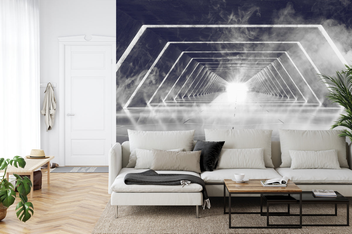 Fototapeta 3D Neonowy Tunel We Mgle – aranżacja wnętrza