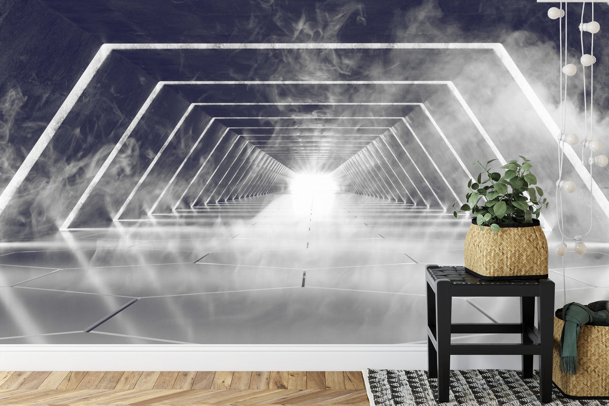 Fototapeta 3D Neonowy Tunel We Mgle – aranżacja wnętrza