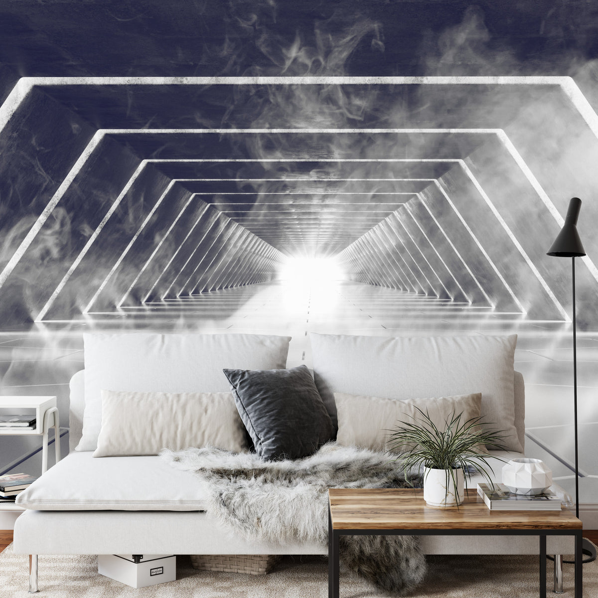 Fototapeta 3D Neonowy Tunel We Mgle – aranżacja wnętrza