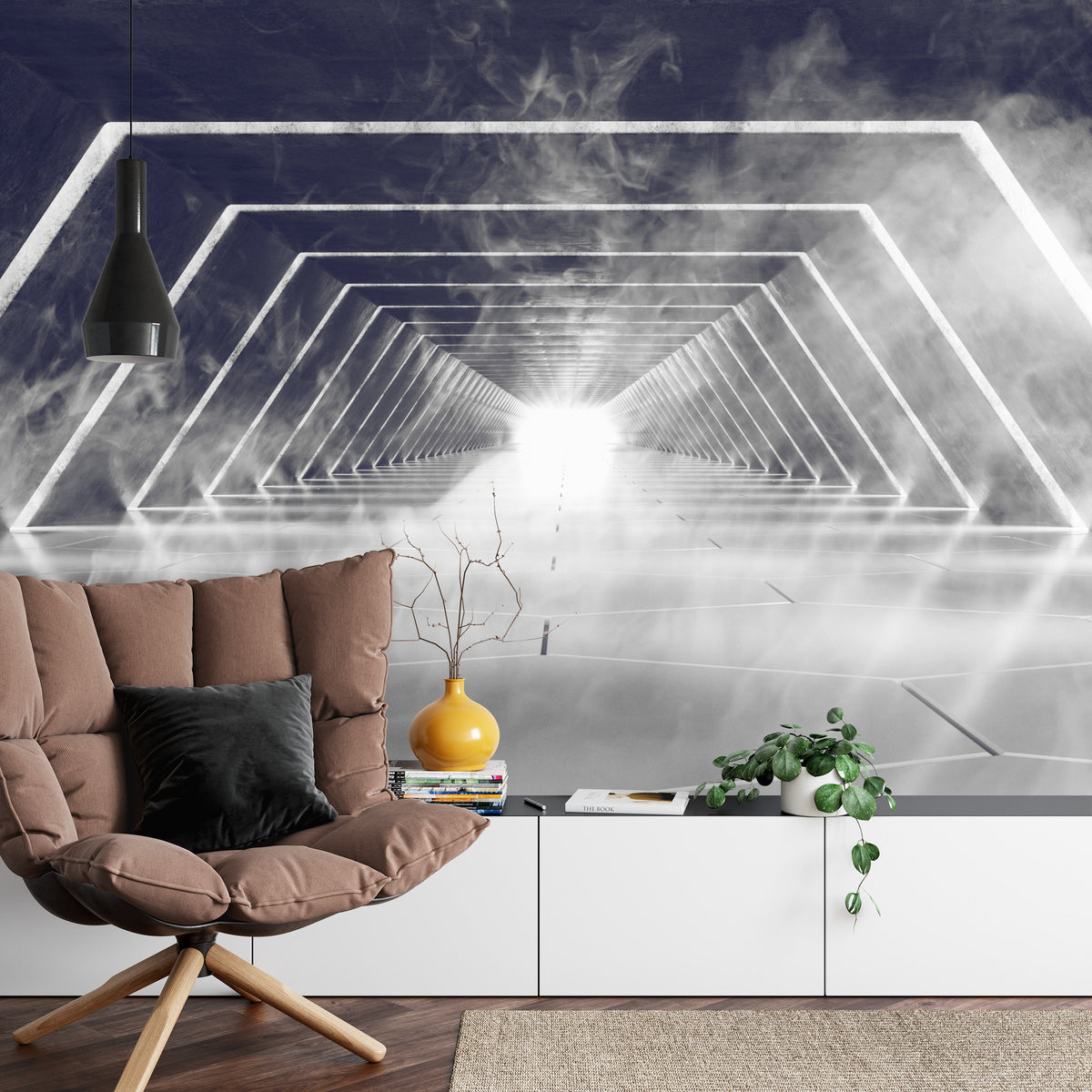 Fototapeta 3D Neonowy Tunel We Mgle – aranżacja wnętrza