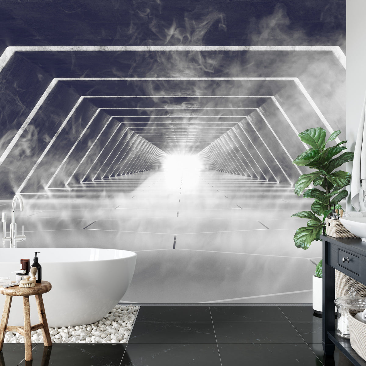 Fototapeta 3D Neonowy Tunel We Mgle – aranżacja wnętrza