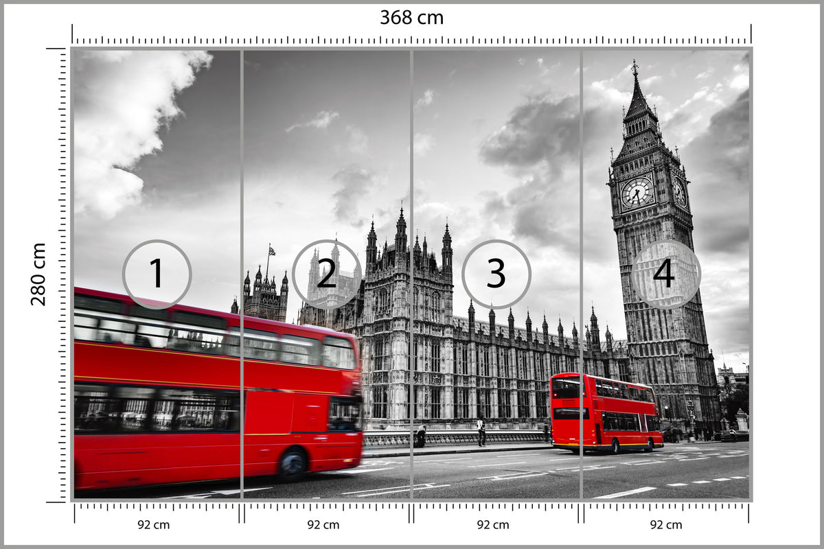 Fototapeta Londyn Czarno-Biały Z Czerwonym Autobusem 368 × 280 cm – podgląd kadru