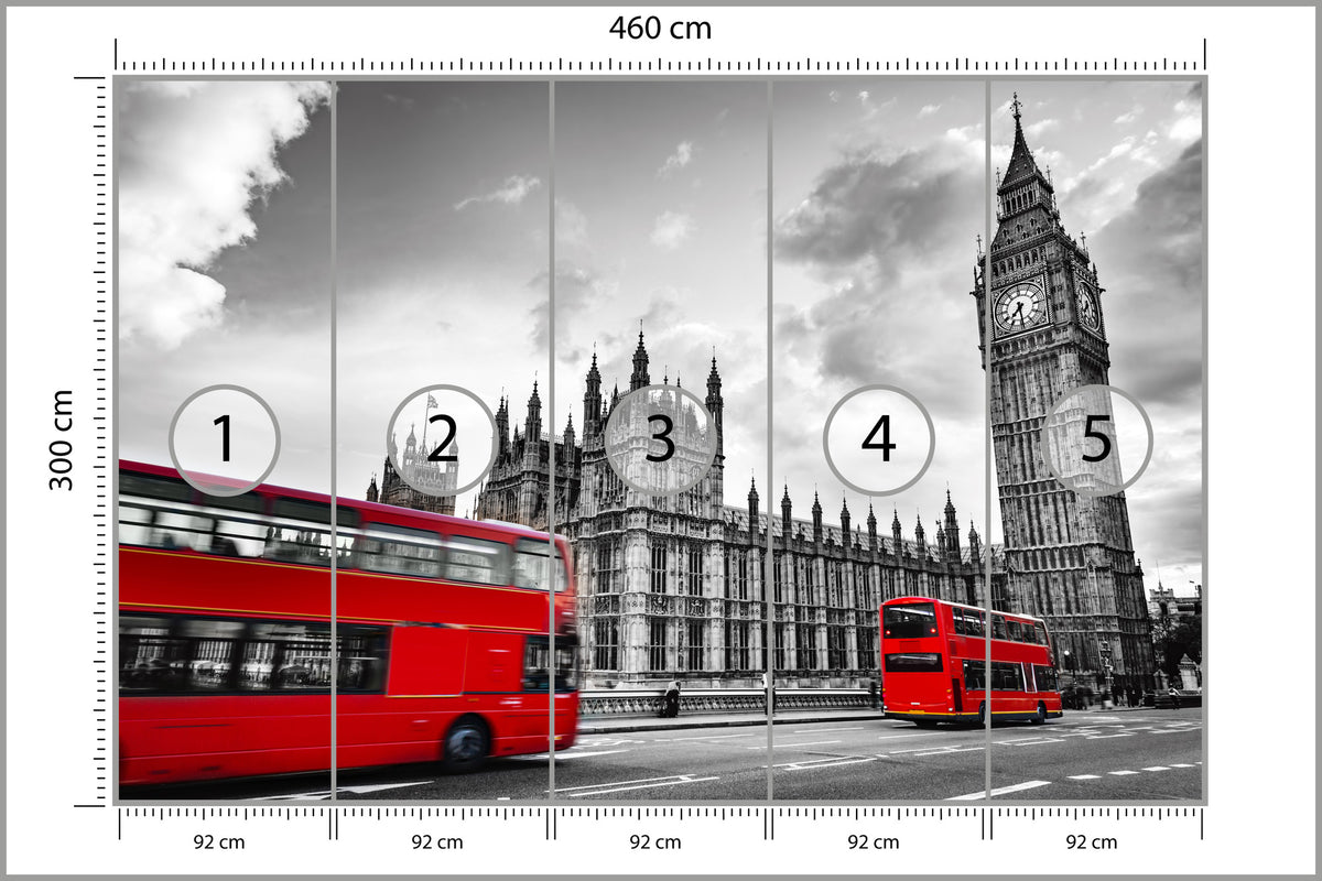 Fototapeta Londyn Czarno-Biały Z Czerwonym Autobusem 460 × 300 cm – podgląd kadru