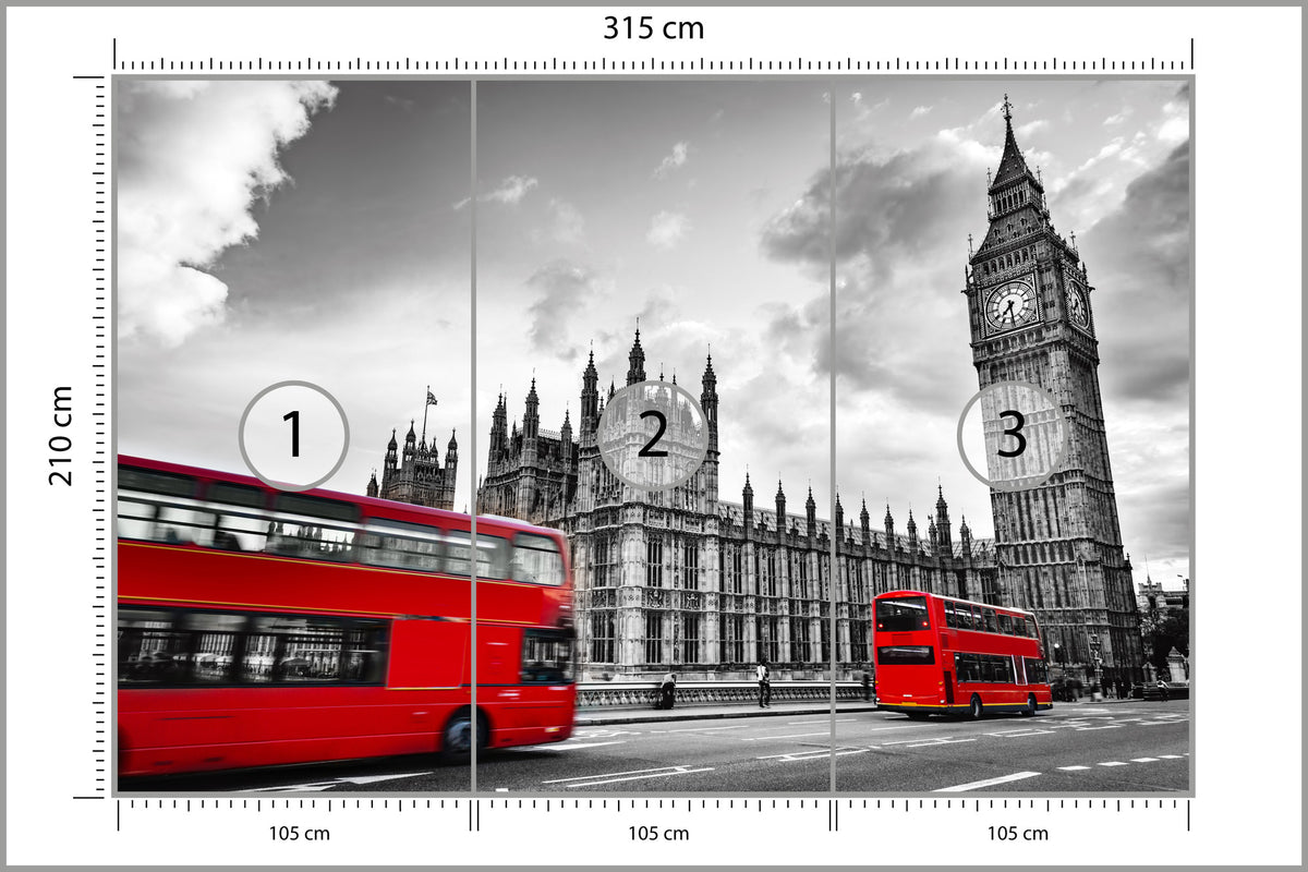 Fototapeta Londyn Czarno-Biały Z Czerwonym Autobusem 315 × 210 cm – podgląd kadru