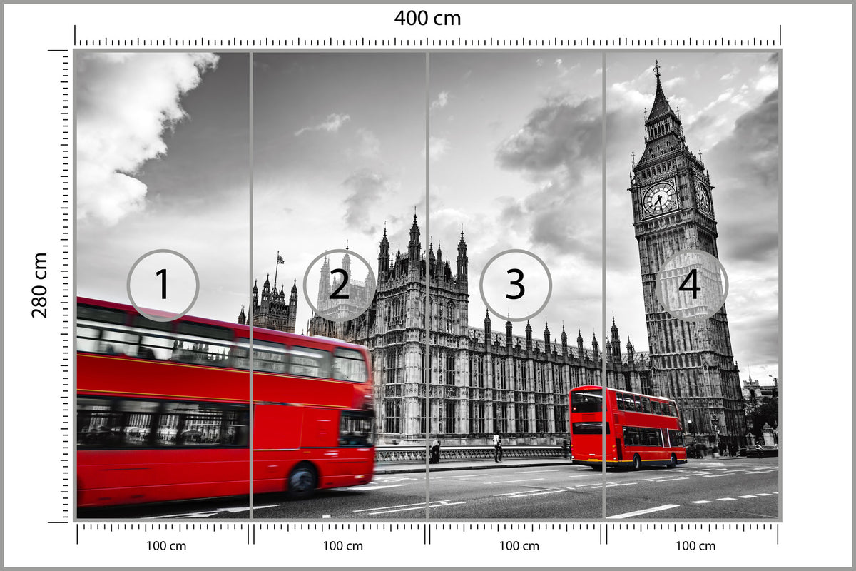 Fototapeta Londyn Czarno-Biały Z Czerwonym Autobusem 400 × 280 cm – podgląd kadru