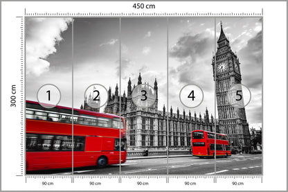 Fototapeta Londyn Czarno-Biały Z Czerwonym Autobusem 450 × 300 cm – podgląd kadru