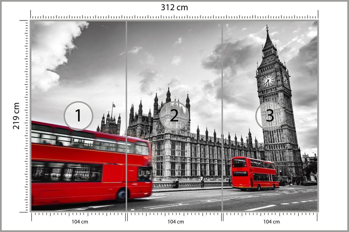Fototapeta Londyn Czarno-Biały Z Czerwonym Autobusem 312 × 219 cm – podgląd kadru