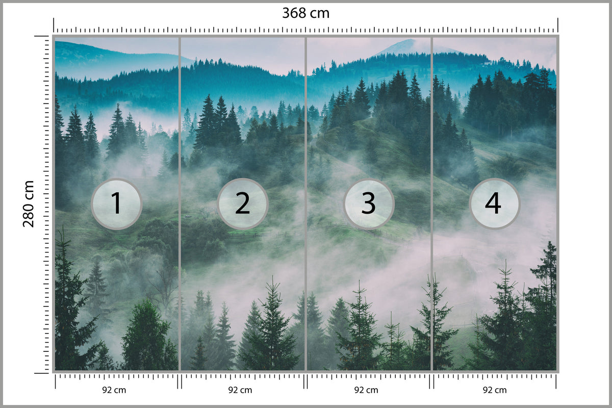 Fototapeta Las We Mgle Świerki W Turkusie 368 × 280 cm – podgląd kadru