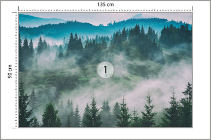 Fototapeta Las We Mgle Świerki W Turkusie 135 × 90 cm – podgląd kadru