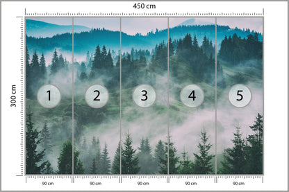 Fototapeta Las We Mgle Świerki W Turkusie 450 × 300 cm – podgląd kadru