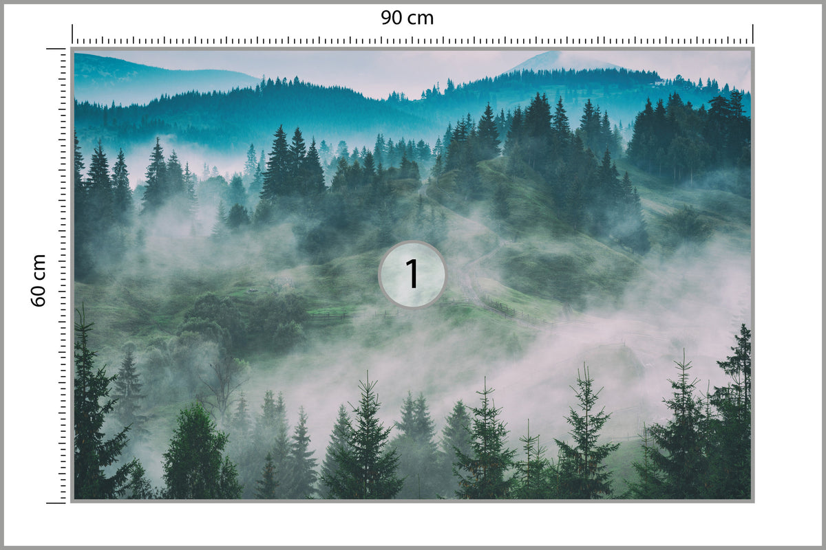 Fototapeta Las We Mgle Świerki W Turkusie 90 × 60 cm – podgląd kadru