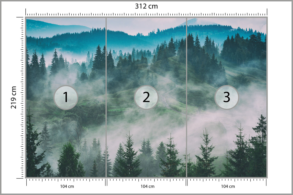 Fototapeta Las We Mgle Świerki W Turkusie 312 × 219 cm – podgląd kadru