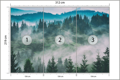 Fototapeta Las We Mgle Świerki W Turkusie 312 × 219 cm – podgląd kadru