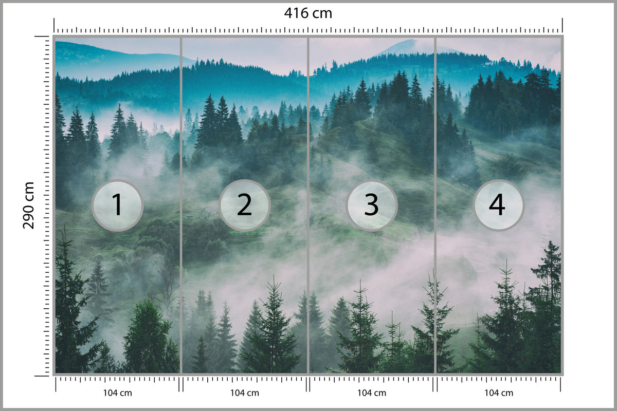 Fototapeta Las We Mgle Świerki W Turkusie 416 × 290 cm – podgląd kadru