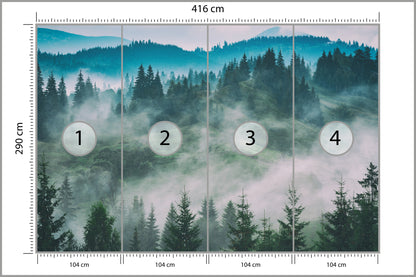 Fototapeta Las We Mgle Świerki W Turkusie 416 × 290 cm – podgląd kadru