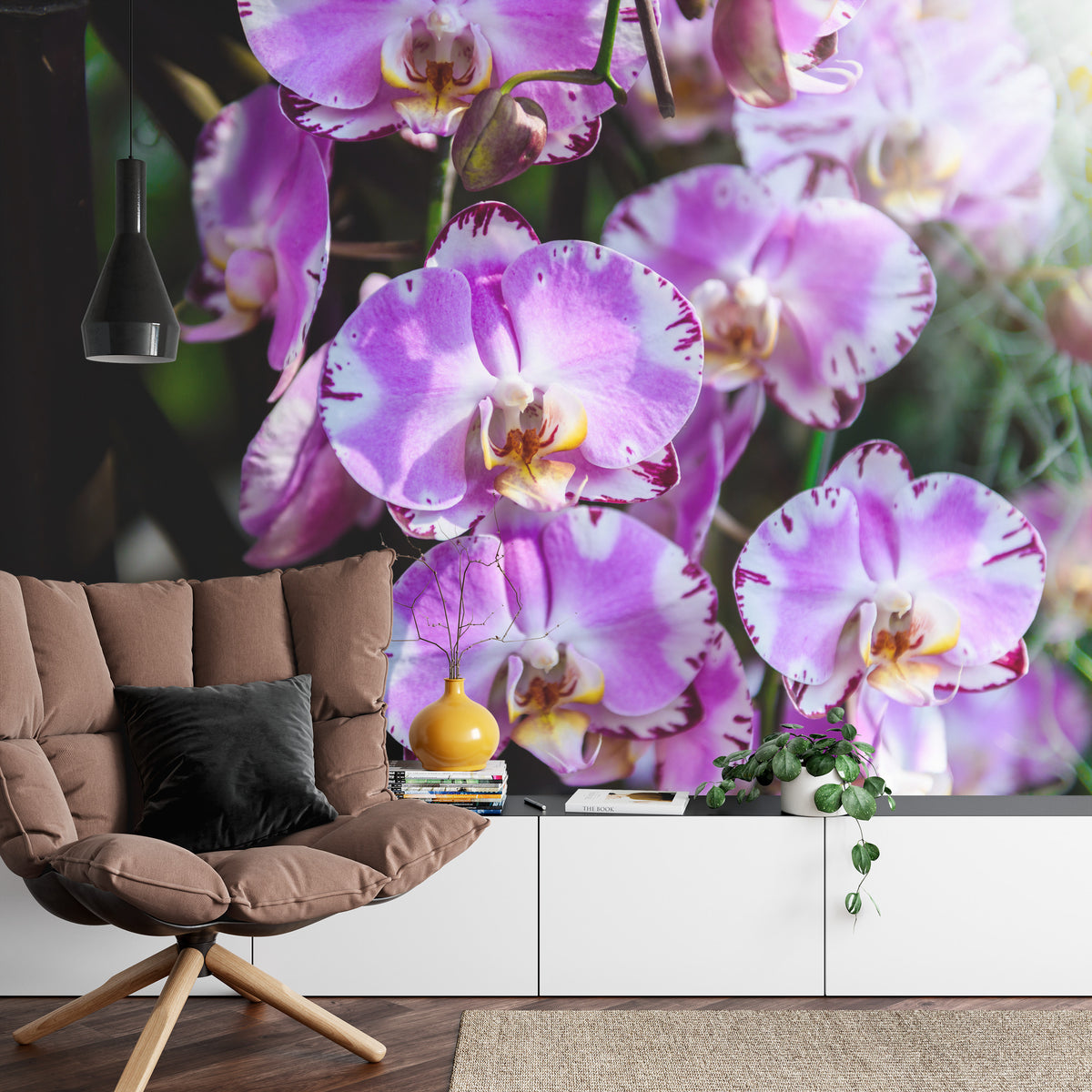 Fototapeta Piękne Orchidee Fioletowe Na Czarnym Tle – aranżacja wnętrza