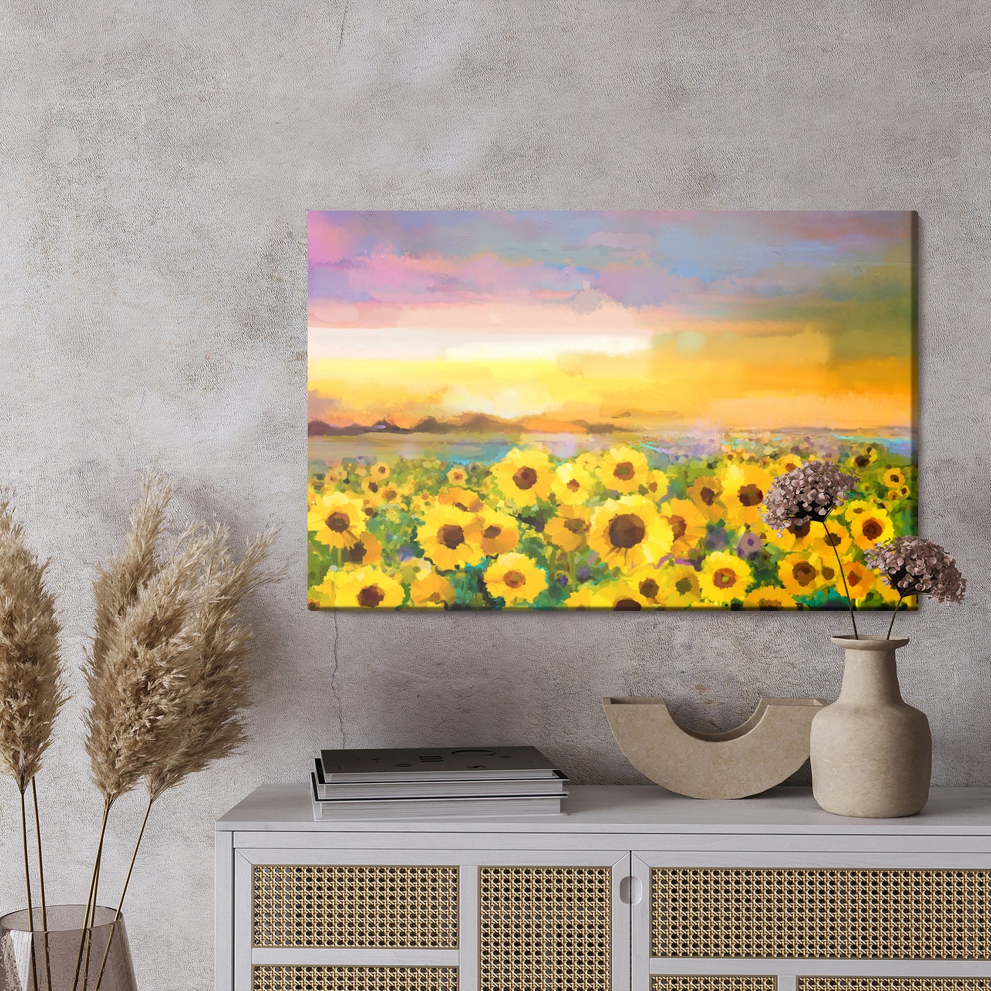 Obraz Na Płótnie Pejzaż Ze Słonecznikami – Słoneczny akcent do wnętrz boho, prowansalskich, rustykalnych – widok 2