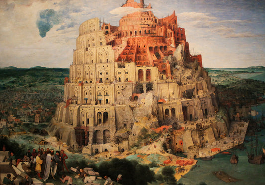 Obraz Na Płótnie Wieża Babel – historyczna scena w zgaszonych barwach do wnętrz klasycznych i vintage 120x80