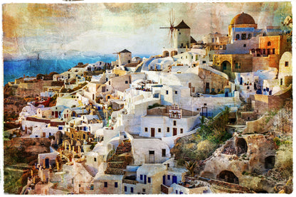 Obraz Na Płótnie Architektura Santorini – słoneczny pejzaż do wnętrz śródziemnomorskich, coastal i nowoczesnych 120x80